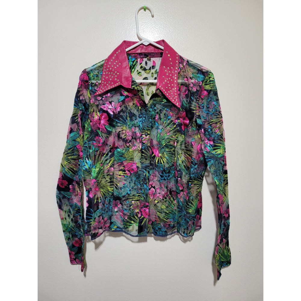 Vintage Mesh Button Down Top‎ Womens Large Multicolor Tropical Rhinestone